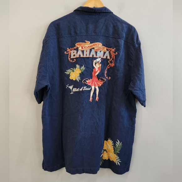 Tommy Bahama With A Twist Embroidered Pin Up Girl Navy Blue Silk Shirt Men's XL - Picture 1 of 8